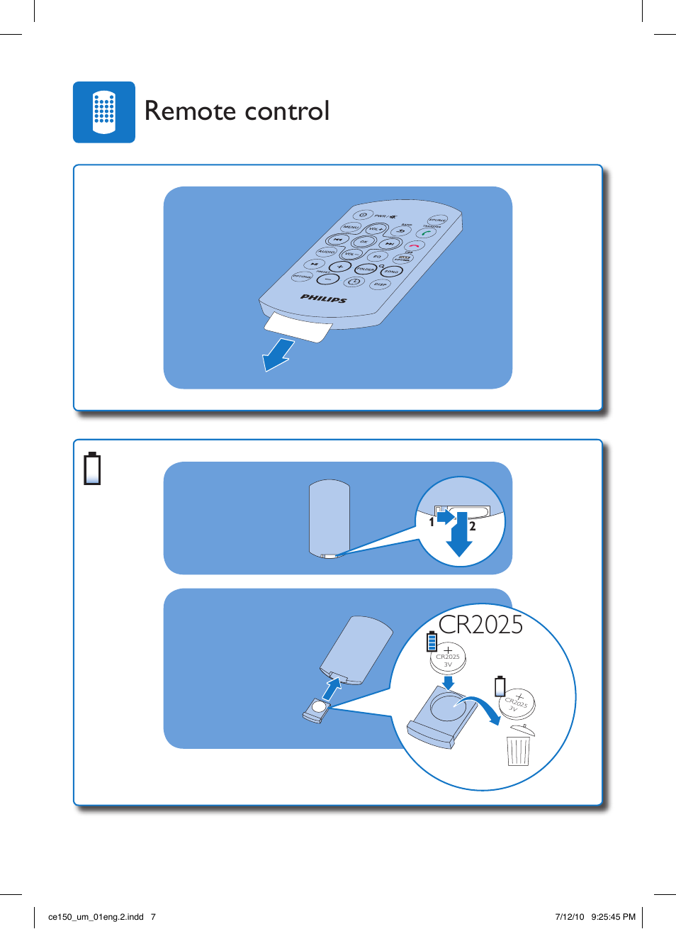 Remote control, Cr2025 | Philips CE150 User Manual | Page 7 / 24