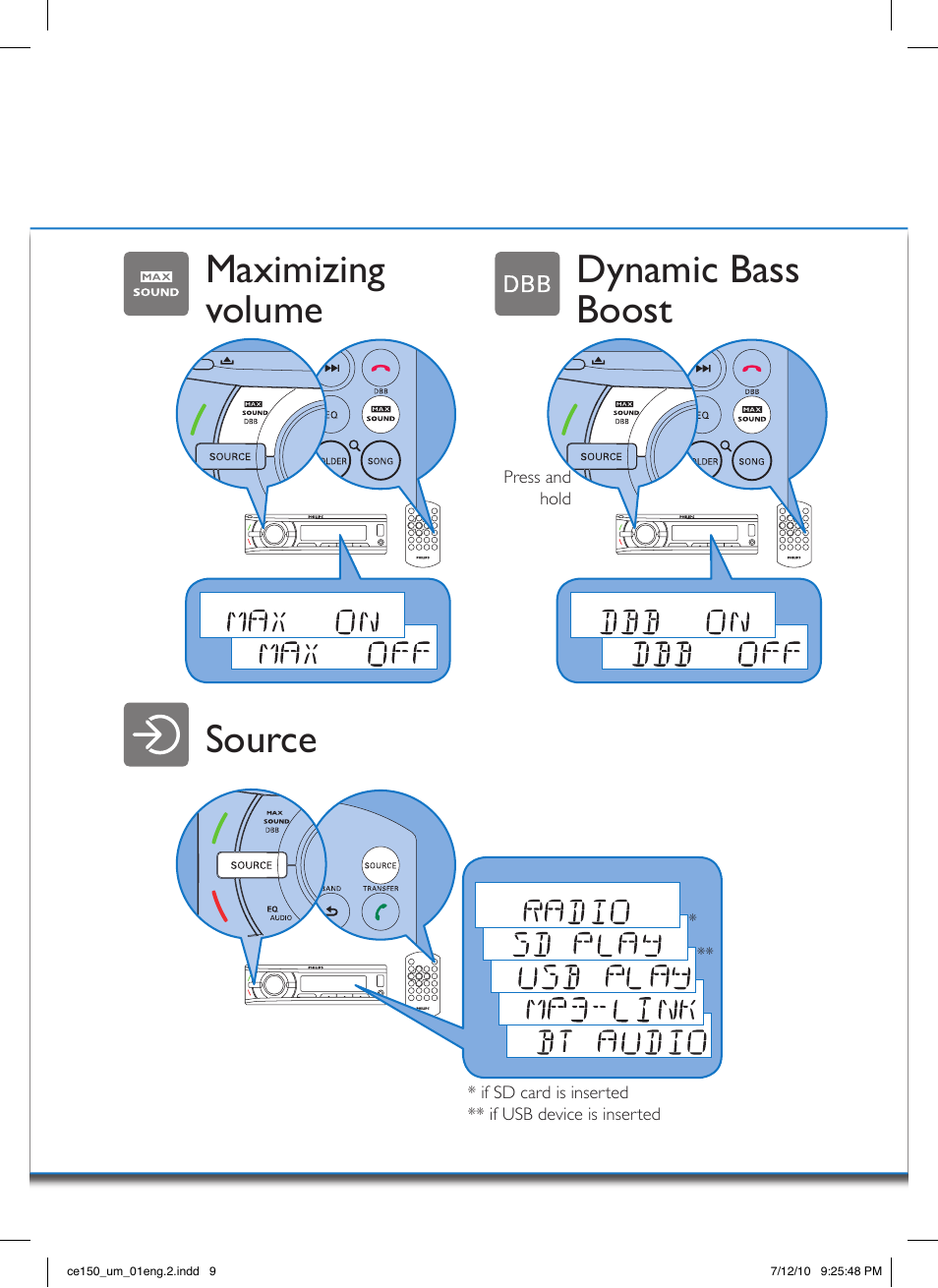 Source maximizing volume dynamic bass boost | Philips CE150 User Manual | Page 9 / 24