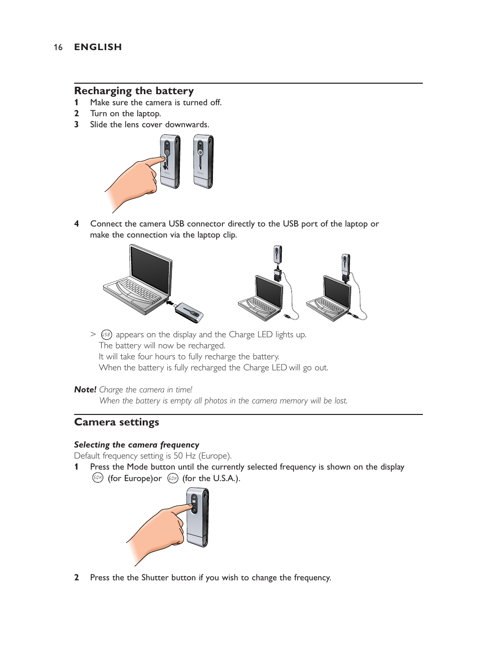 Recharging the battery, Camera settings | Philips ThumbCam DMVC1300K User Manual | Page 16 / 35