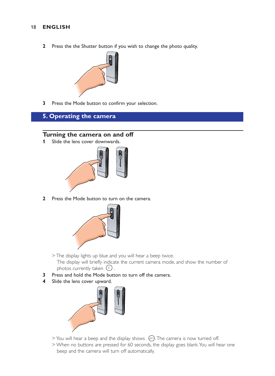 Operating the camera turning the camera on and off | Philips ThumbCam DMVC1300K User Manual | Page 18 / 35