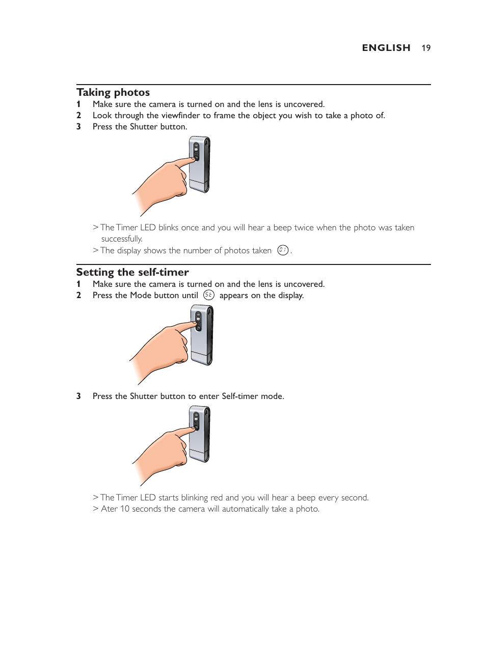 Taking photos, Setting the self-timer | Philips ThumbCam DMVC1300K User Manual | Page 19 / 35