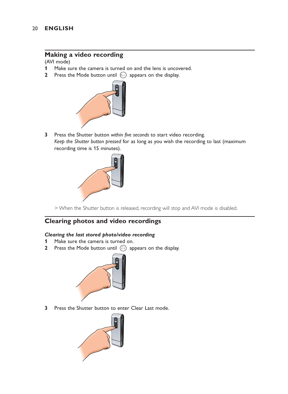 Making a video recording, Clearing photos and video recordings | Philips ThumbCam DMVC1300K User Manual | Page 20 / 35