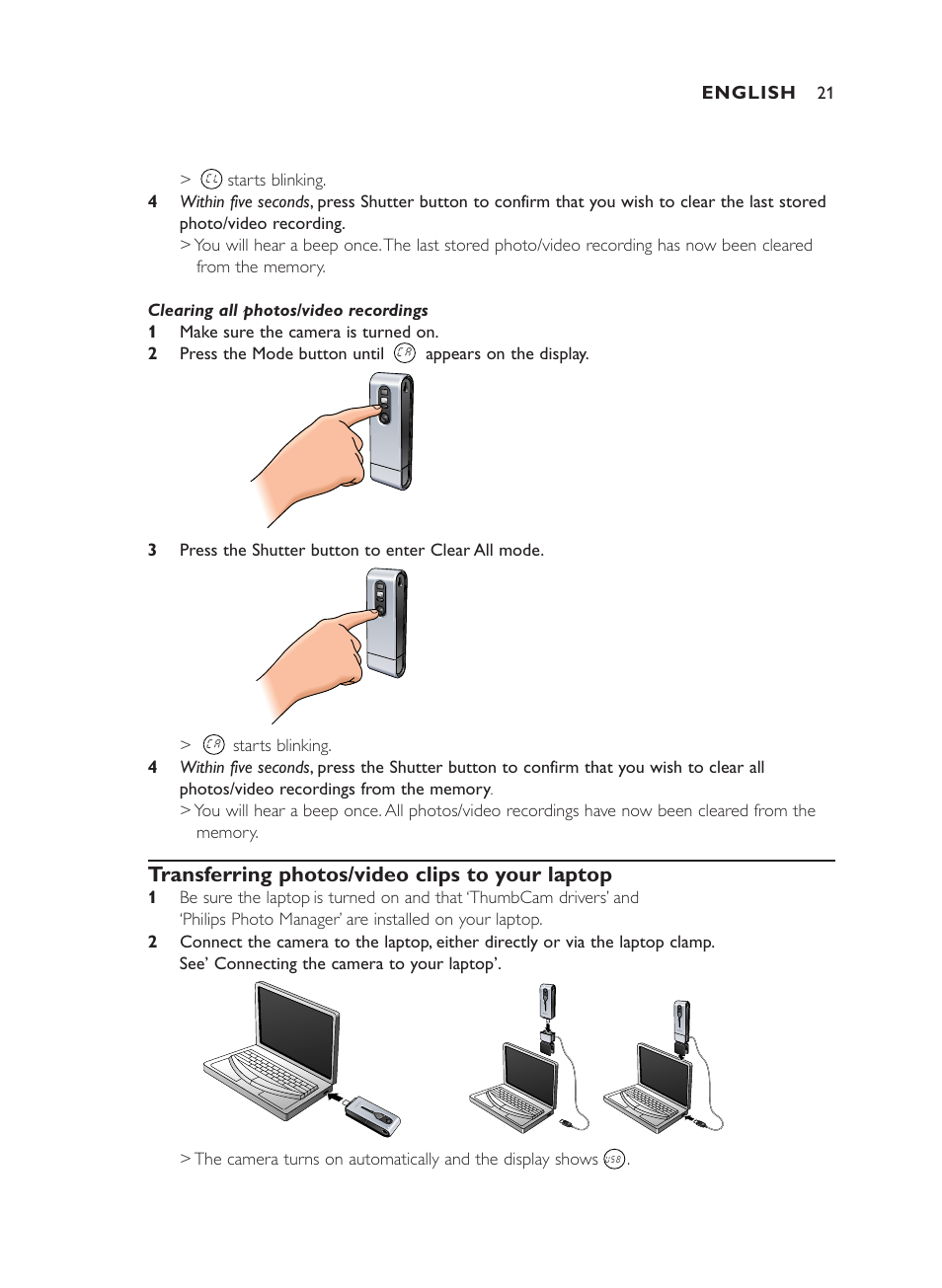 Transferring photos/video clips to your laptop | Philips ThumbCam DMVC1300K User Manual | Page 21 / 35