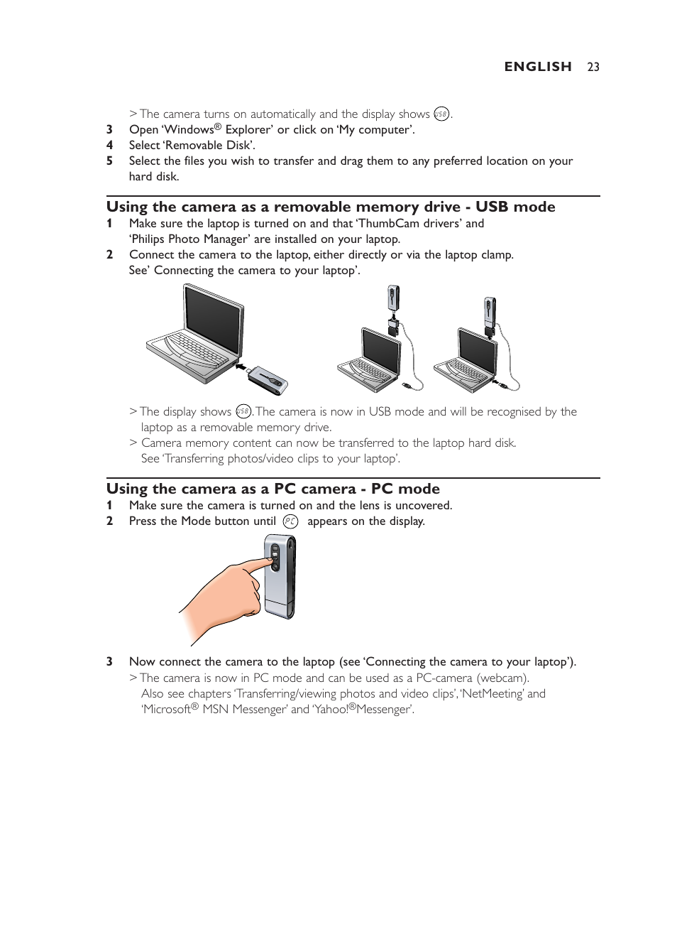 Using the camera as a pc camera - pc mode | Philips ThumbCam DMVC1300K User Manual | Page 23 / 35