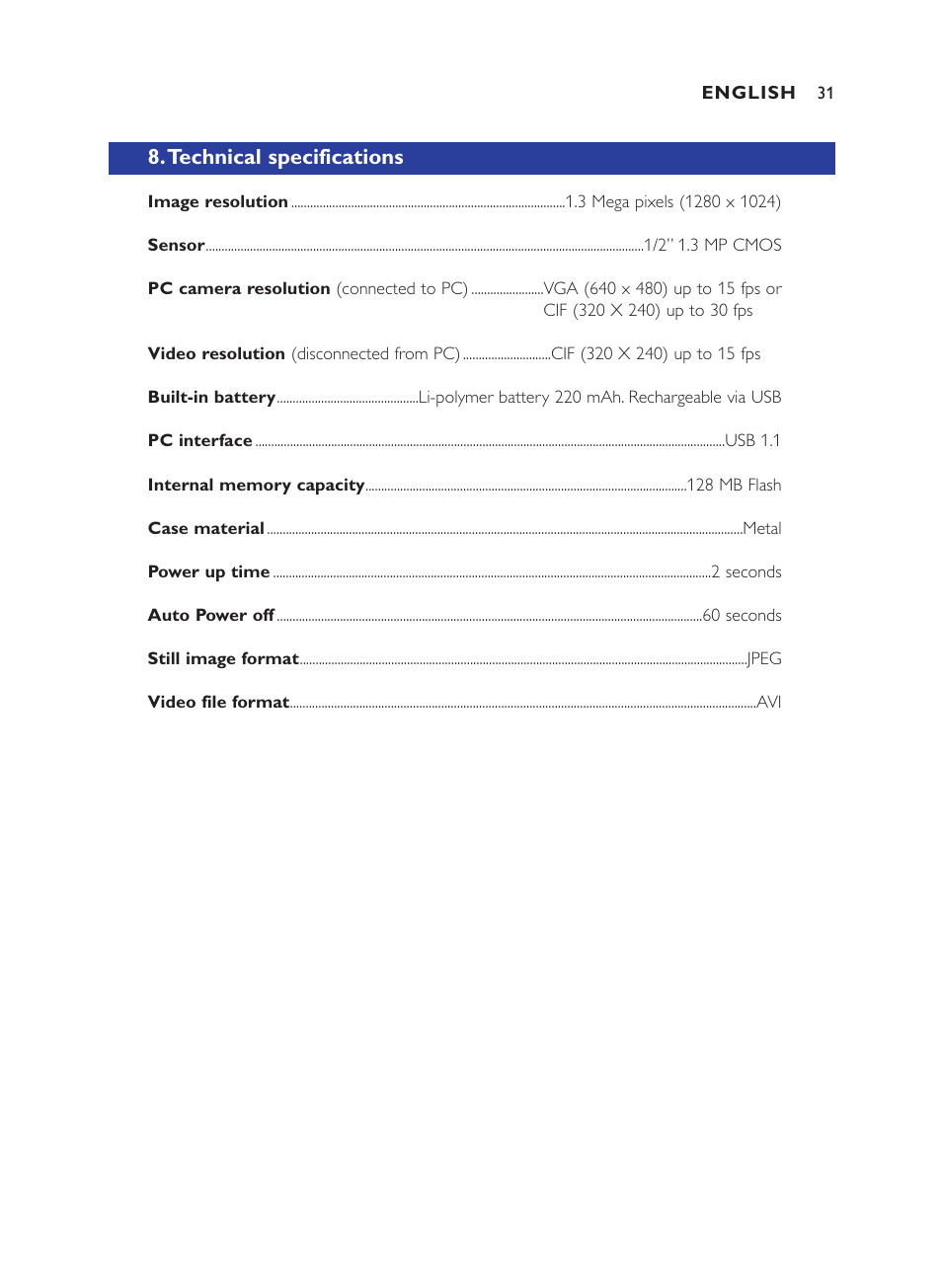 Technical specifications | Philips ThumbCam DMVC1300K User Manual | Page 31 / 35