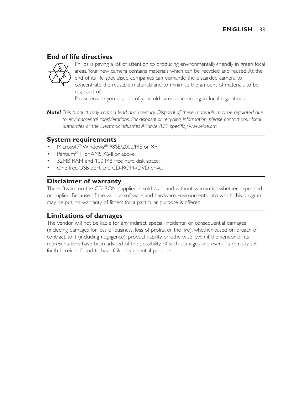 End of life directives, System requirements, Disclaimer of warranty | Limitations of damages | Philips ThumbCam DMVC1300K User Manual | Page 33 / 35