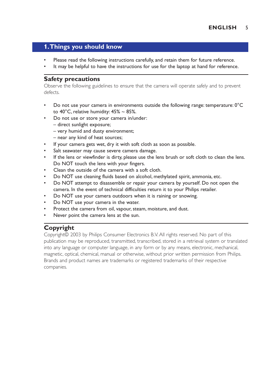 Things you should know, Safety precautions, Copyright | Philips ThumbCam DMVC1300K User Manual | Page 5 / 35