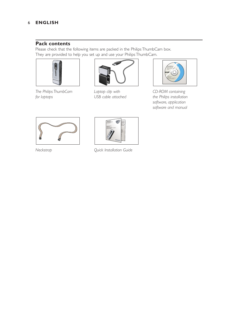 Pack contents, English | Philips ThumbCam DMVC1300K User Manual | Page 6 / 35