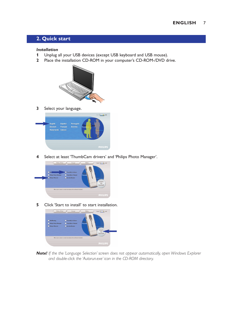 Quick start | Philips ThumbCam DMVC1300K User Manual | Page 7 / 35