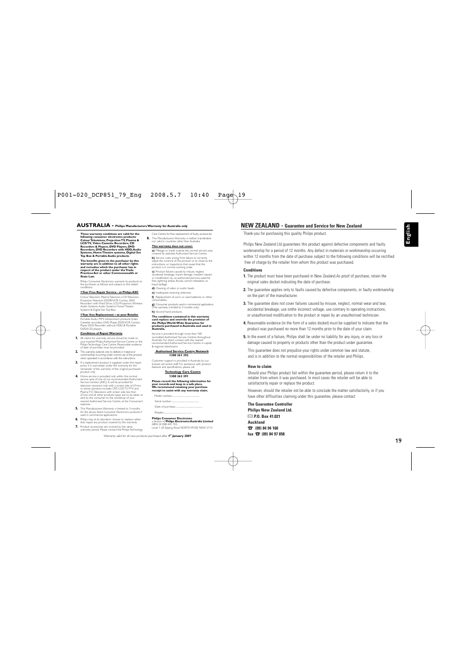 New zealand, English, Australia | Philips DCP851 User Manual | Page 19 / 20