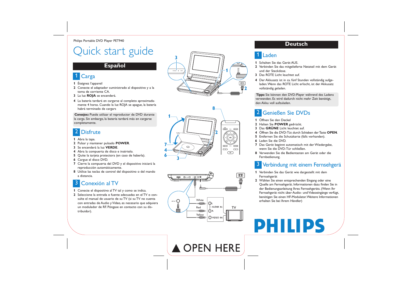 Quick start guide, Carga 1, Disfrute 2 | Conexión al tv 3, Laden 1, Genießen sie dvds 2, Verbindung mit einem fernsehgerä 3, Español deutsch | Philips PET940/12 User Manual | Page 2 / 2