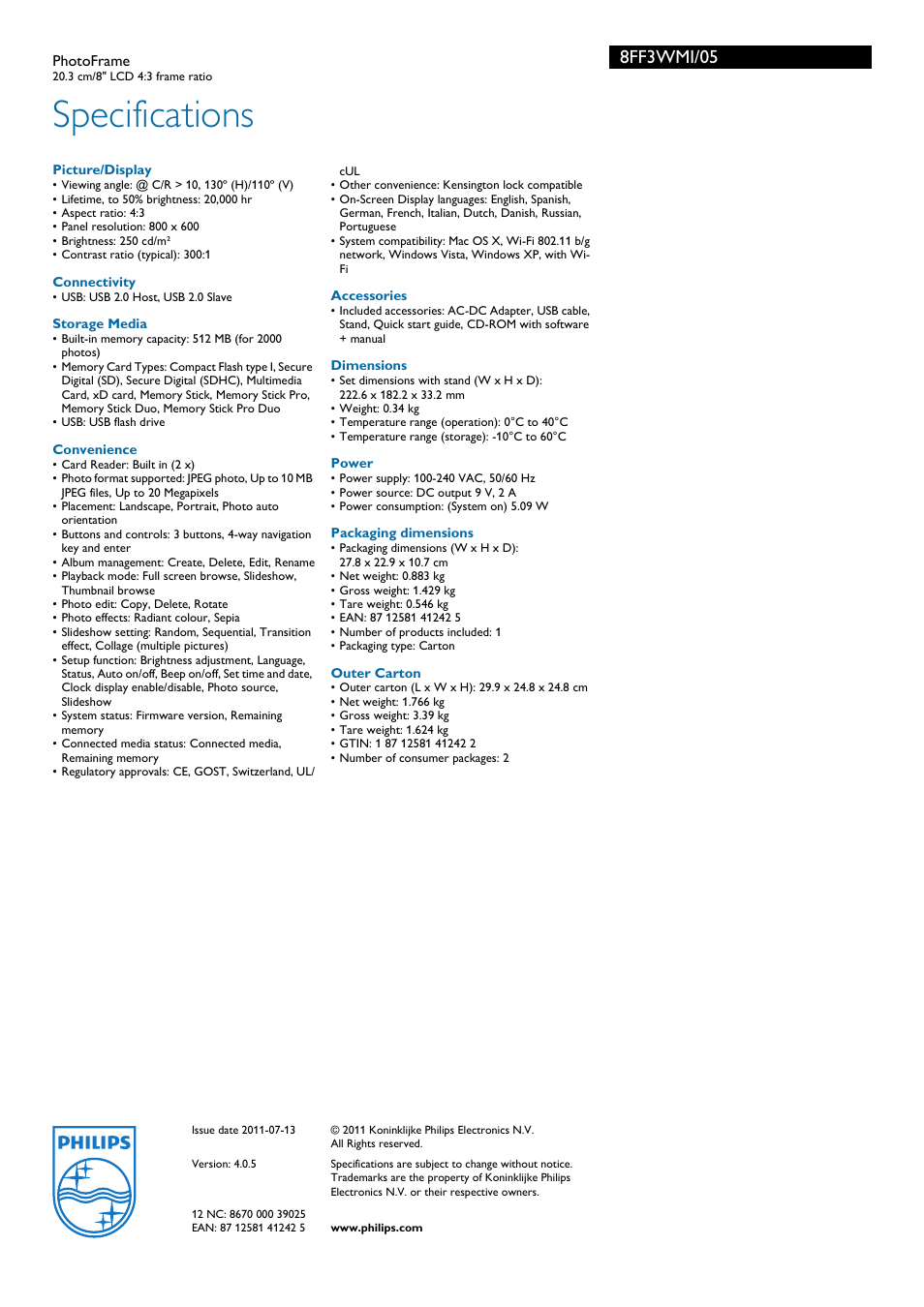 Specifications, 8ff3wmi/05 | Philips 8FF3WMI User Manual | Page 3 / 3