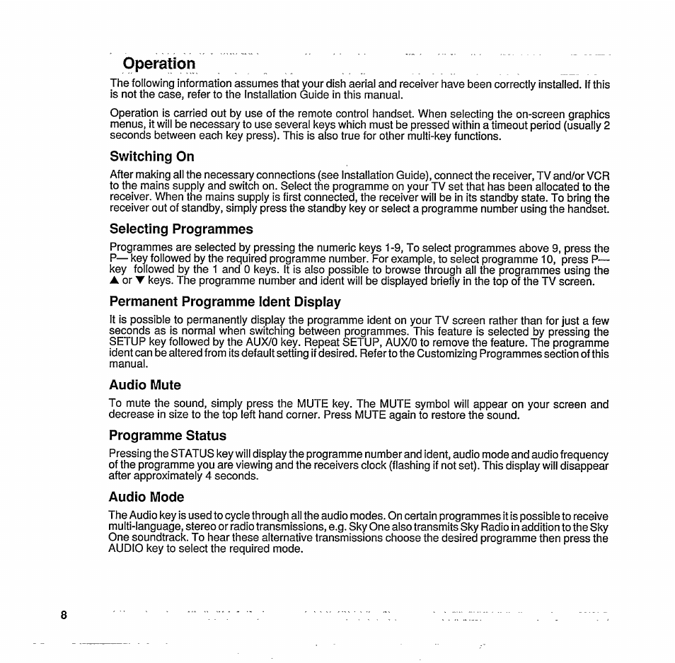 Switching on, Selecting programmes, Permanent programme ident display | Audio mute, Programme status, Audio mode, Operation | Philips STU 801/25R User Manual | Page 10 / 28