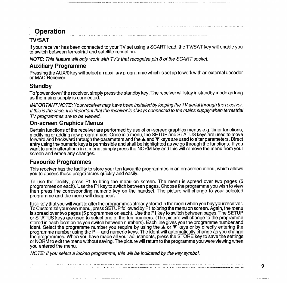 Tv/sat, Auxiliary programme, Standby | On-screen graphics menus, Favourite programmes, Operation | Philips STU 801/25R User Manual | Page 11 / 28