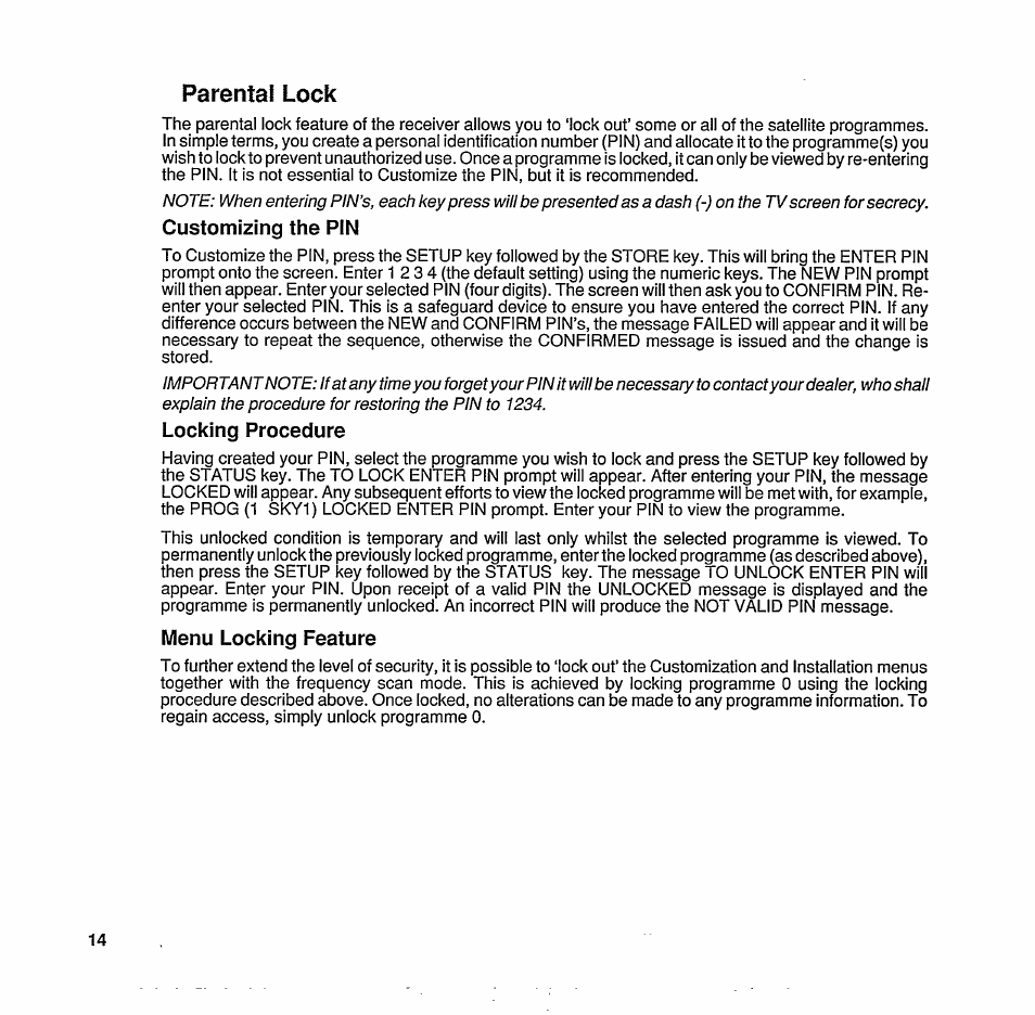 Parental lock, Customizing the pin, Locking procedure | Menu locking feature | Philips STU 801/25R User Manual | Page 16 / 28