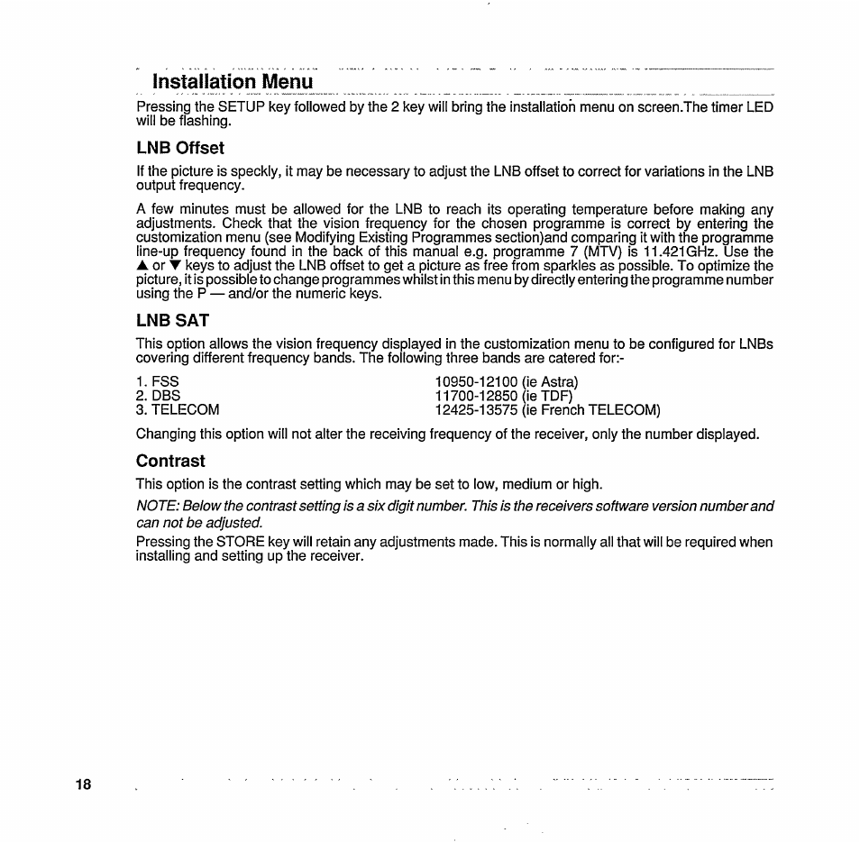 Installation, Lnb offset, Lnb sat | Contrast, Installation menu | Philips STU 801/25R User Manual | Page 20 / 28