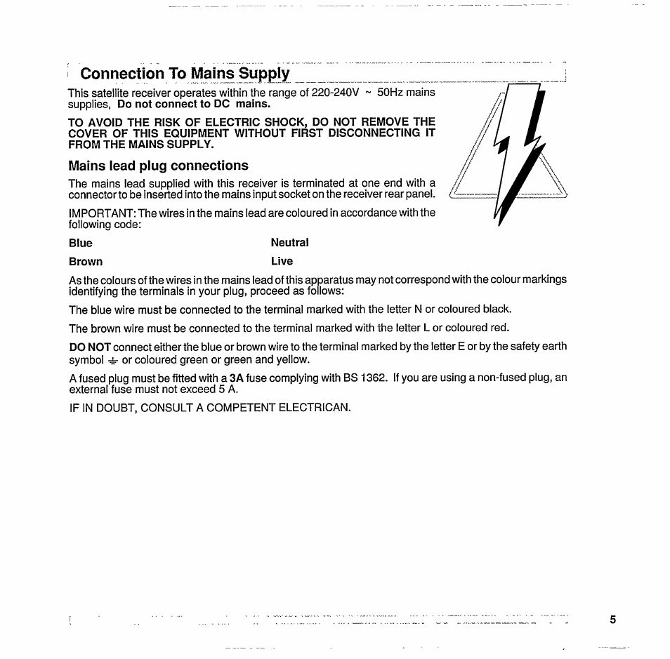 Mains lead plug connections, Connection to mains | Philips STU 801/25R User Manual | Page 7 / 28