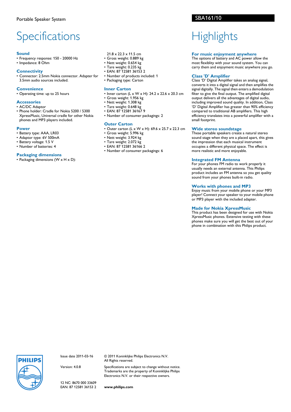 Specifications, Highlights | Philips SBA161 User Manual | Page 2 / 2