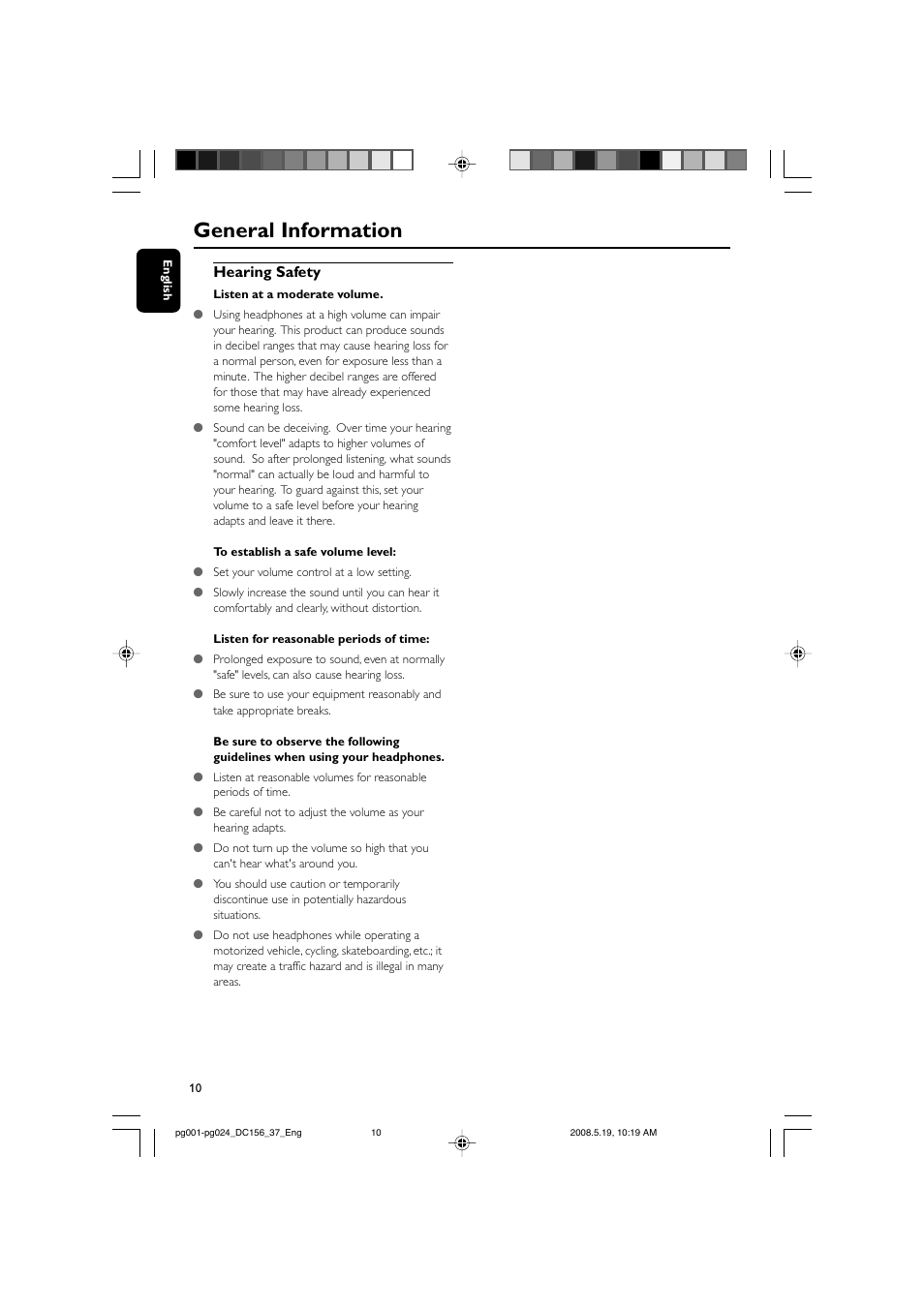 General information, Hearing safety | Philips DC156 User Manual | Page 10 / 24