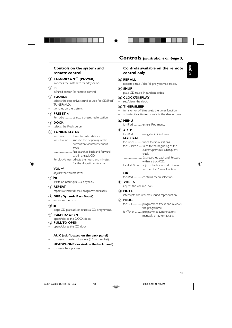 Controls | Philips DC156 User Manual | Page 13 / 24