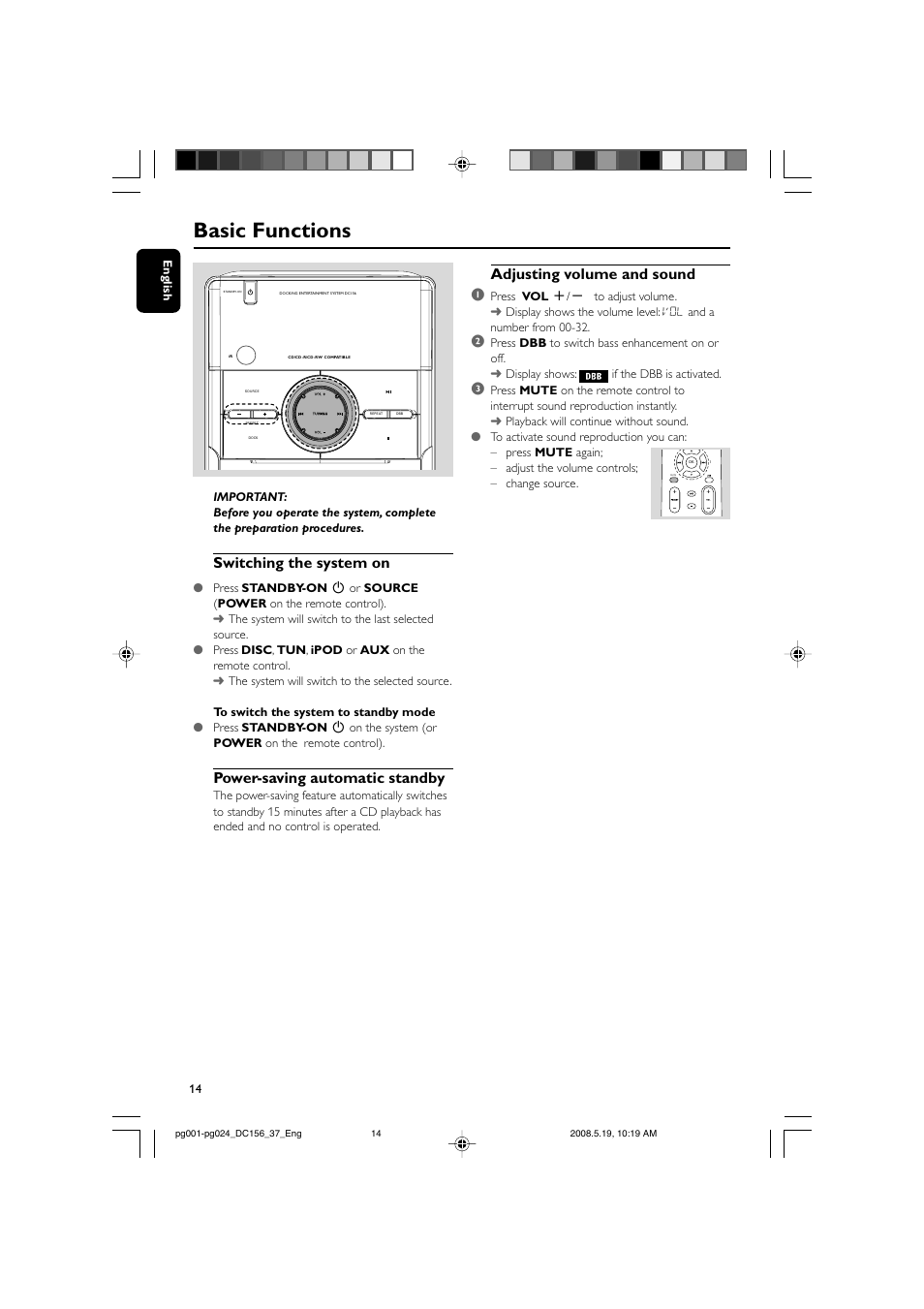 Basic functions, Switching the system on, Power-saving automatic standby | Adjusting volume and sound 1 | Philips DC156 User Manual | Page 14 / 24