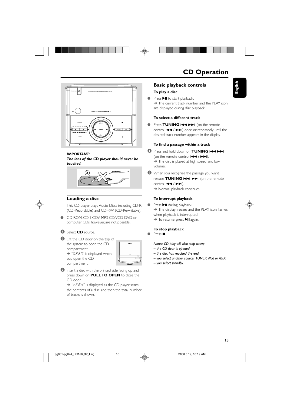 Cd operation, Basic playback controls, Loading a disc | Philips DC156 User Manual | Page 15 / 24