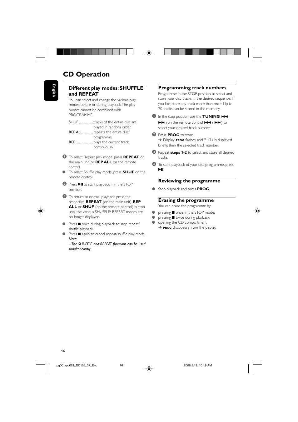 Cd operation, Different play modes: shuffle and repeat, Programming track numbers | Reviewing the programme, Erasing the programme | Philips DC156 User Manual | Page 16 / 24