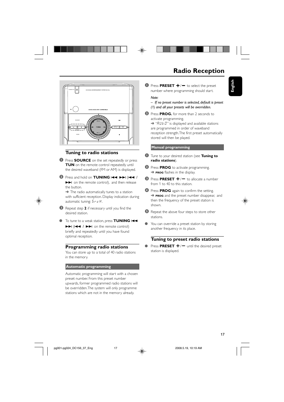 Radio reception, Tuning to radio stations 1, Programming radio stations | Tuning to preset radio stations | Philips DC156 User Manual | Page 17 / 24