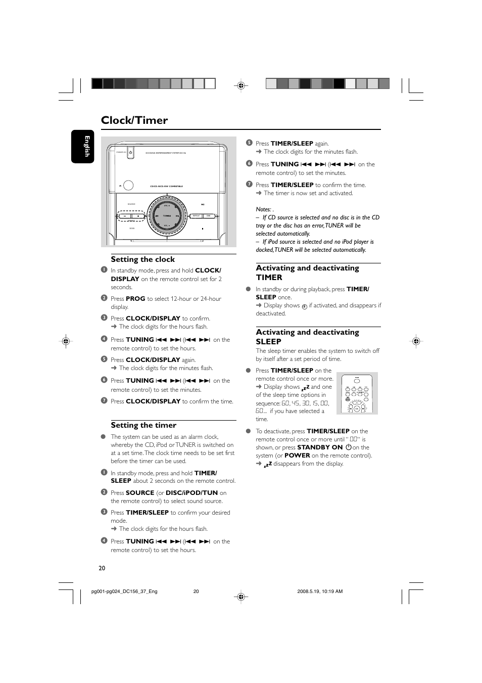 Clock/timer, Activating and deactivating timer, Activating and deactivating sleep | Setting the clock 1, Setting the timer | Philips DC156 User Manual | Page 20 / 24