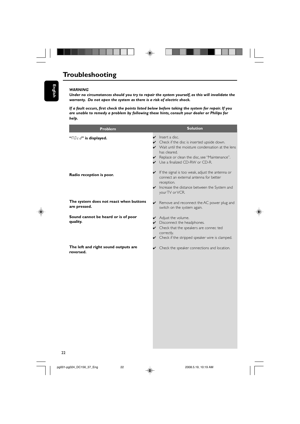 Troubleshooting | Philips DC156 User Manual | Page 22 / 24