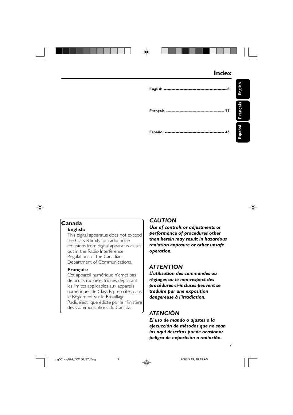 Index, Canada, Caution | Attention, Atención | Philips DC156 User Manual | Page 7 / 24