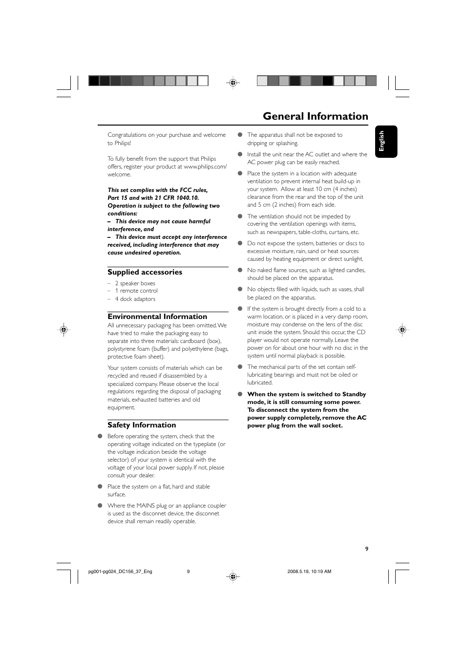 General information, Supplied accessories, Environmental information | Safety information | Philips DC156 User Manual | Page 9 / 24