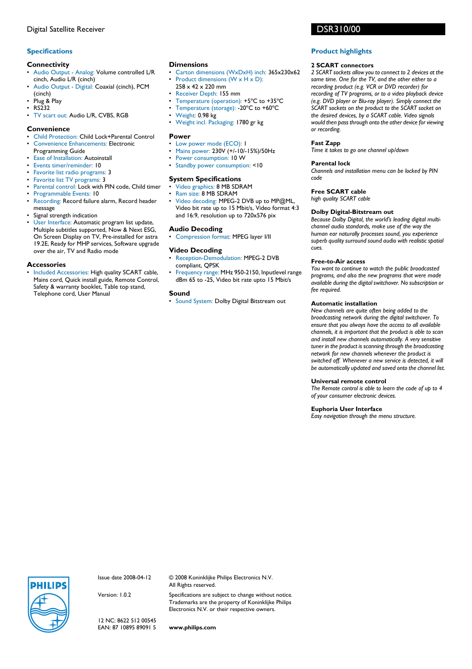 Philips DSR 310/00 User Manual | Page 2 / 2