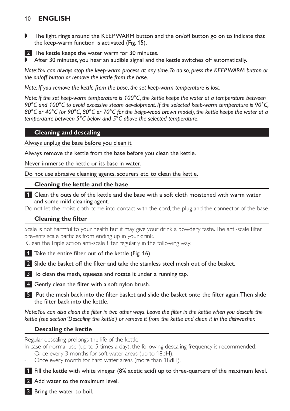 Cleaning and descaling, Cleaning the kettle and the base, Cleaning the filter | Descaling the kettle | Philips HD4686 User Manual | Page 10 / 108