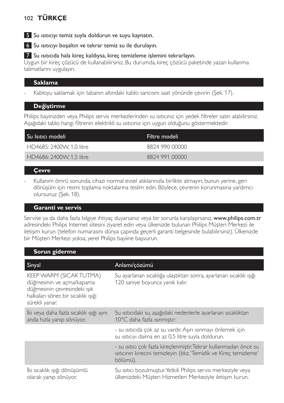 Saklama, Değiştirme, Çevre | Garanti ve servis, Sorun giderme | Philips HD4686 User Manual | Page 102 / 108