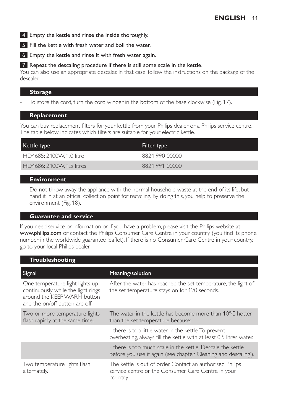 Storage, Replacement, Environment | Guarantee and service, Troubleshooting | Philips HD4686 User Manual | Page 11 / 108