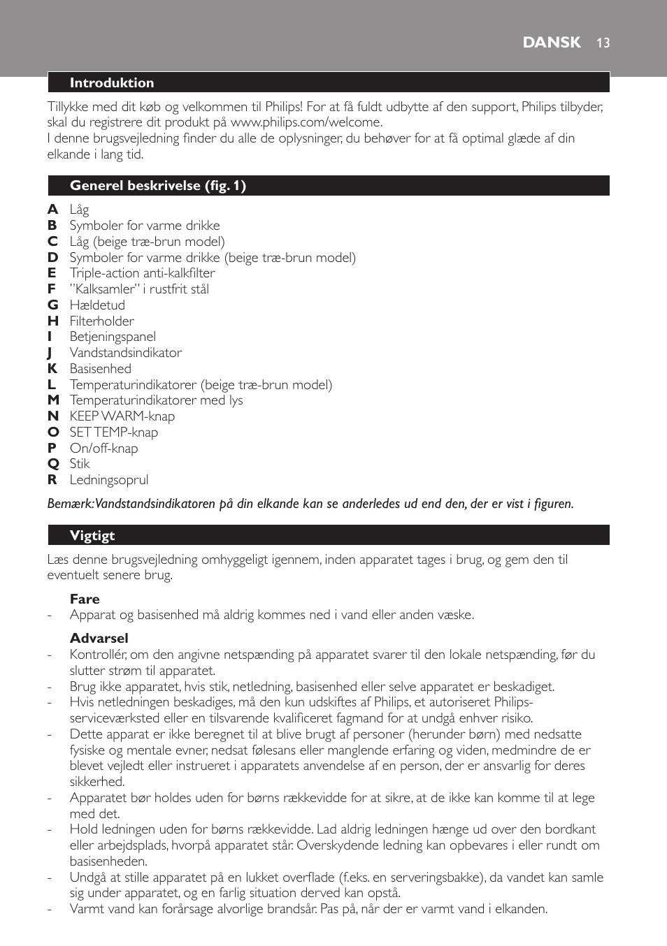 Fare, Advarsel, Dansk | Introduktion, Generel beskrivelse (fig. 1), Vigtigt | Philips HD4686 User Manual | Page 13 / 108