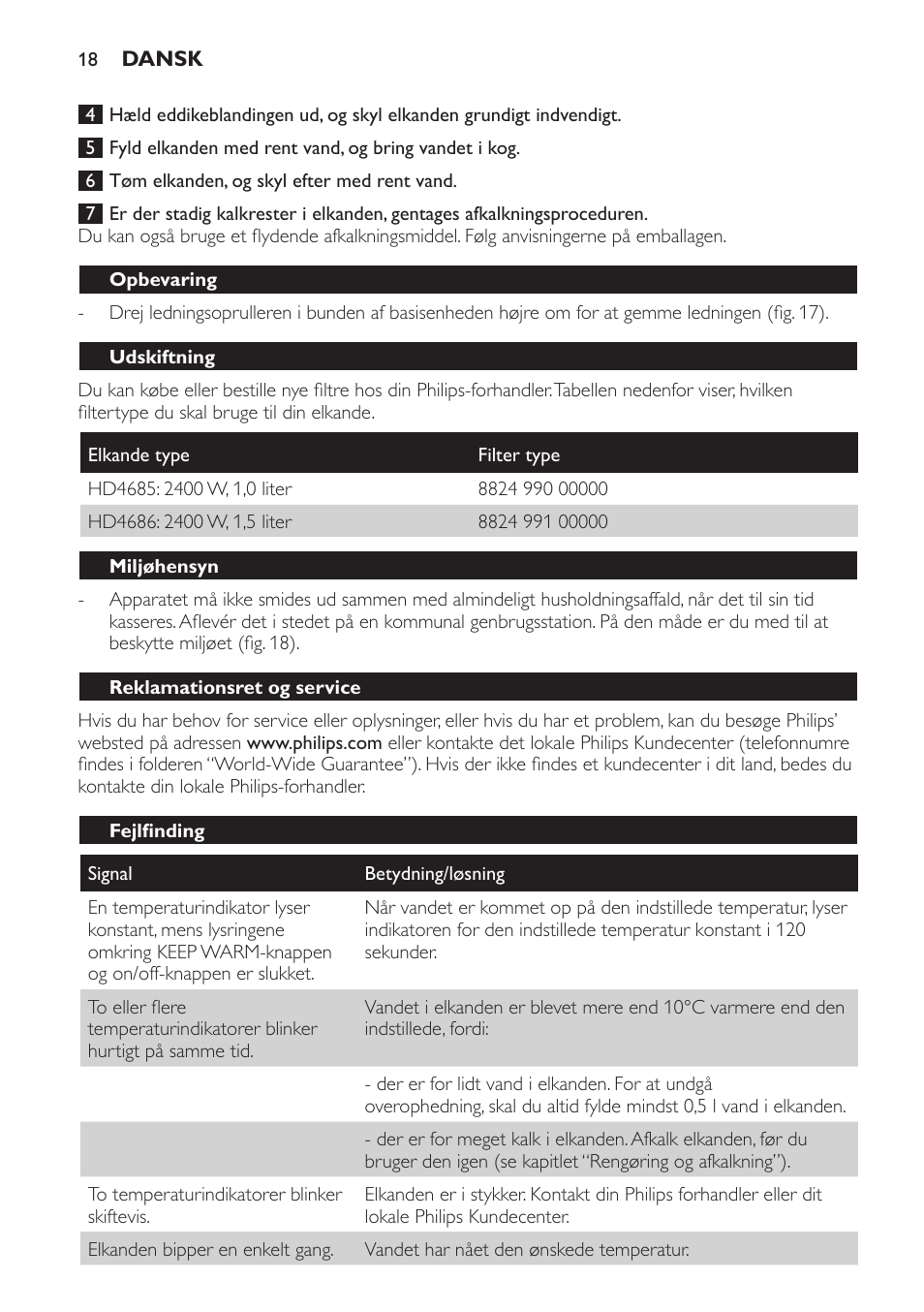 Opbevaring, Udskiftning, Miljøhensyn | Reklamationsret og service, Fejlfinding | Philips HD4686 User Manual | Page 18 / 108