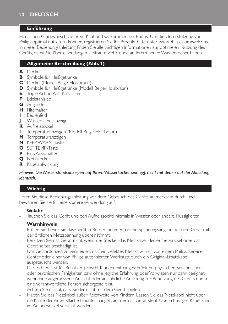 Gefahr, Warnhinweis, Deutsch | Einführung, Allgemeine beschreibung (abb. 1), Wichtig | Philips HD4686 User Manual | Page 20 / 108