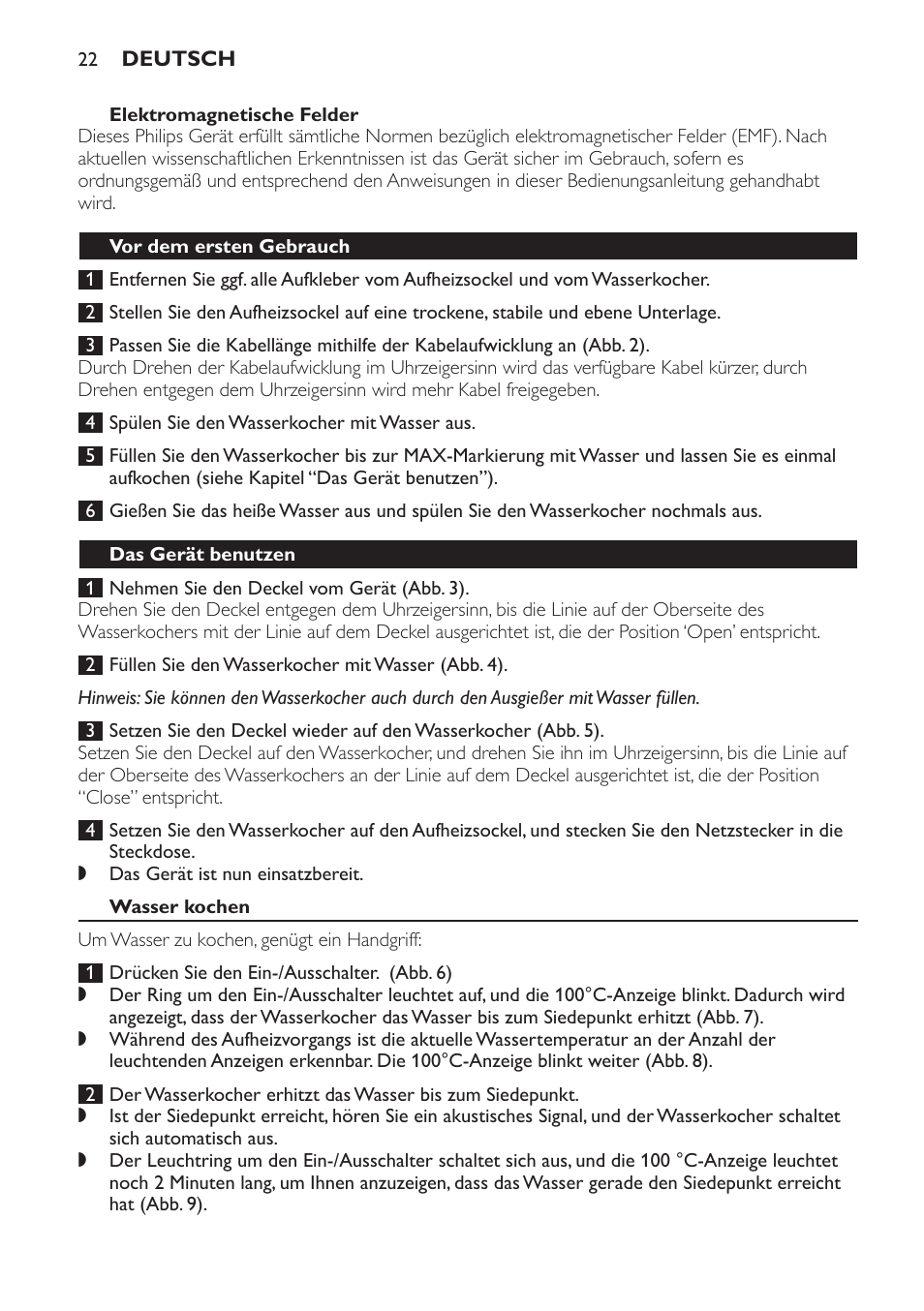 Elektromagnetische felder, Vor dem ersten gebrauch, Das gerät benutzen | Wasser kochen | Philips HD4686 User Manual | Page 22 / 108