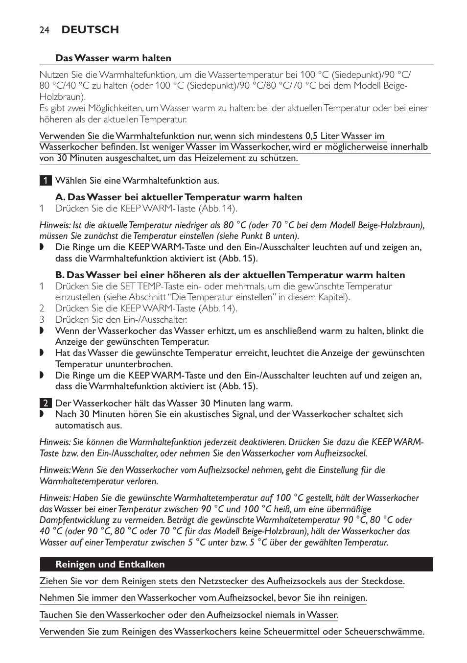 Das wasser warm halten, A. das wasser bei aktueller temperatur warm halten, Reinigen und entkalken | Philips HD4686 User Manual | Page 24 / 108