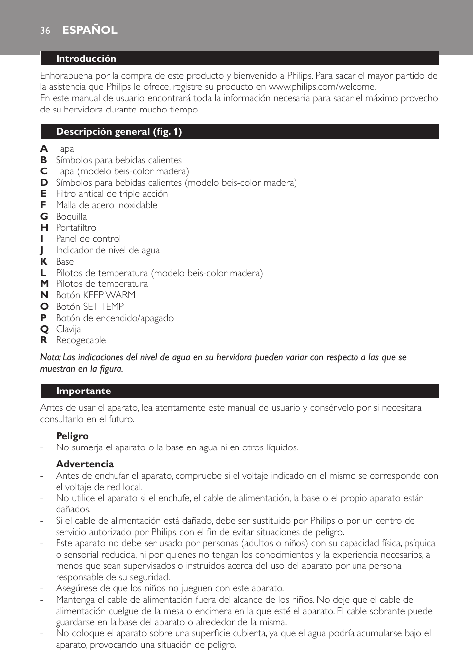 Peligro, Advertencia, Español | Introducción, Descripción general (fig. 1), Importante | Philips HD4686 User Manual | Page 36 / 108