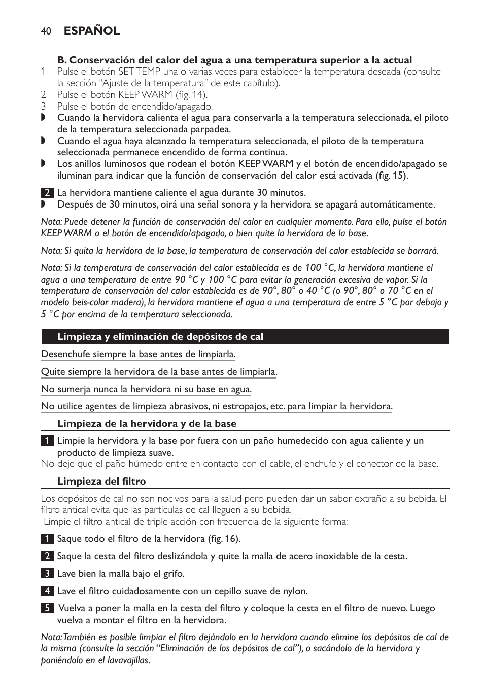 Limpieza y eliminación de depósitos de cal, Limpieza de la hervidora y de la base, Limpieza del filtro | Philips HD4686 User Manual | Page 40 / 108