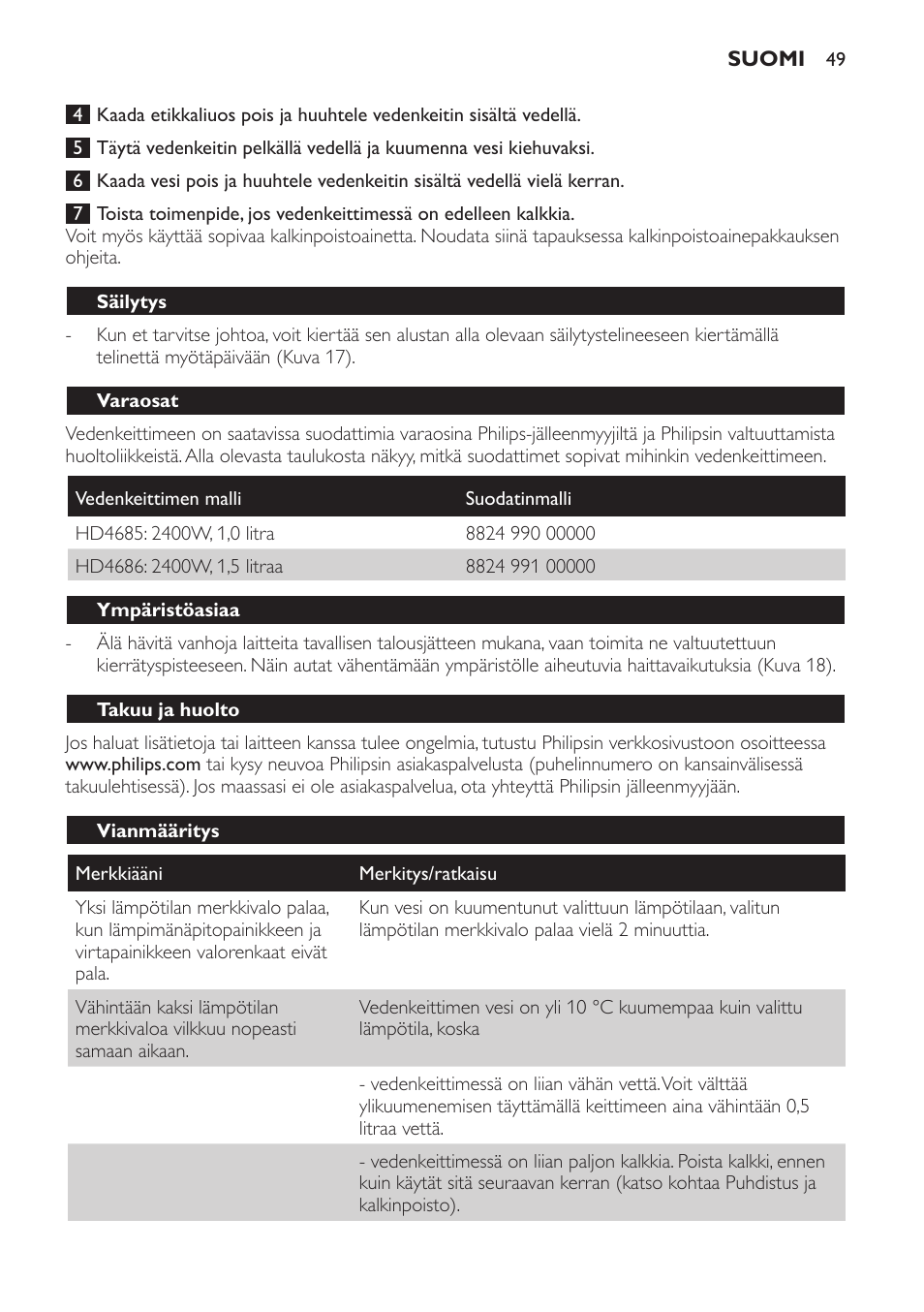 Säilytys, Varaosat, Ympäristöasiaa | Takuu ja huolto, Vianmääritys | Philips HD4686 User Manual | Page 49 / 108