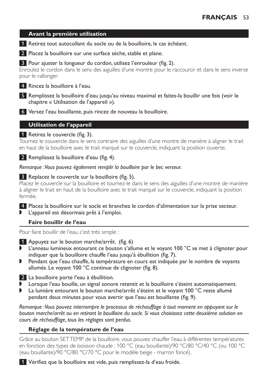 Avant la première utilisation, Utilisation de l’appareil, Faire bouillir de l’eau | Réglage de la température de l’eau | Philips HD4686 User Manual | Page 53 / 108