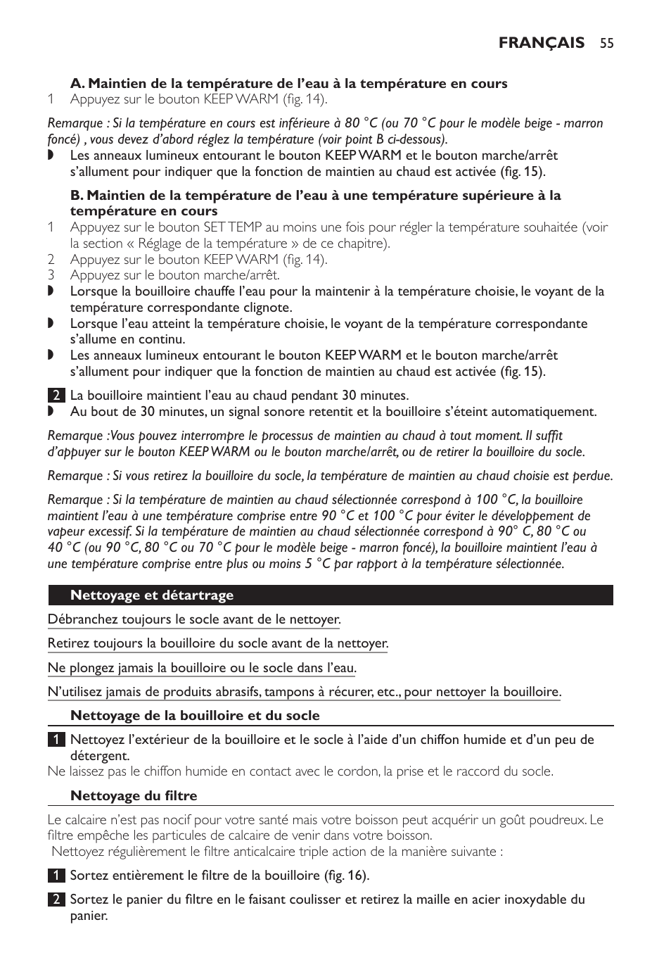 Nettoyage et détartrage, Nettoyage de la bouilloire et du socle, Nettoyage du filtre | Philips HD4686 User Manual | Page 55 / 108