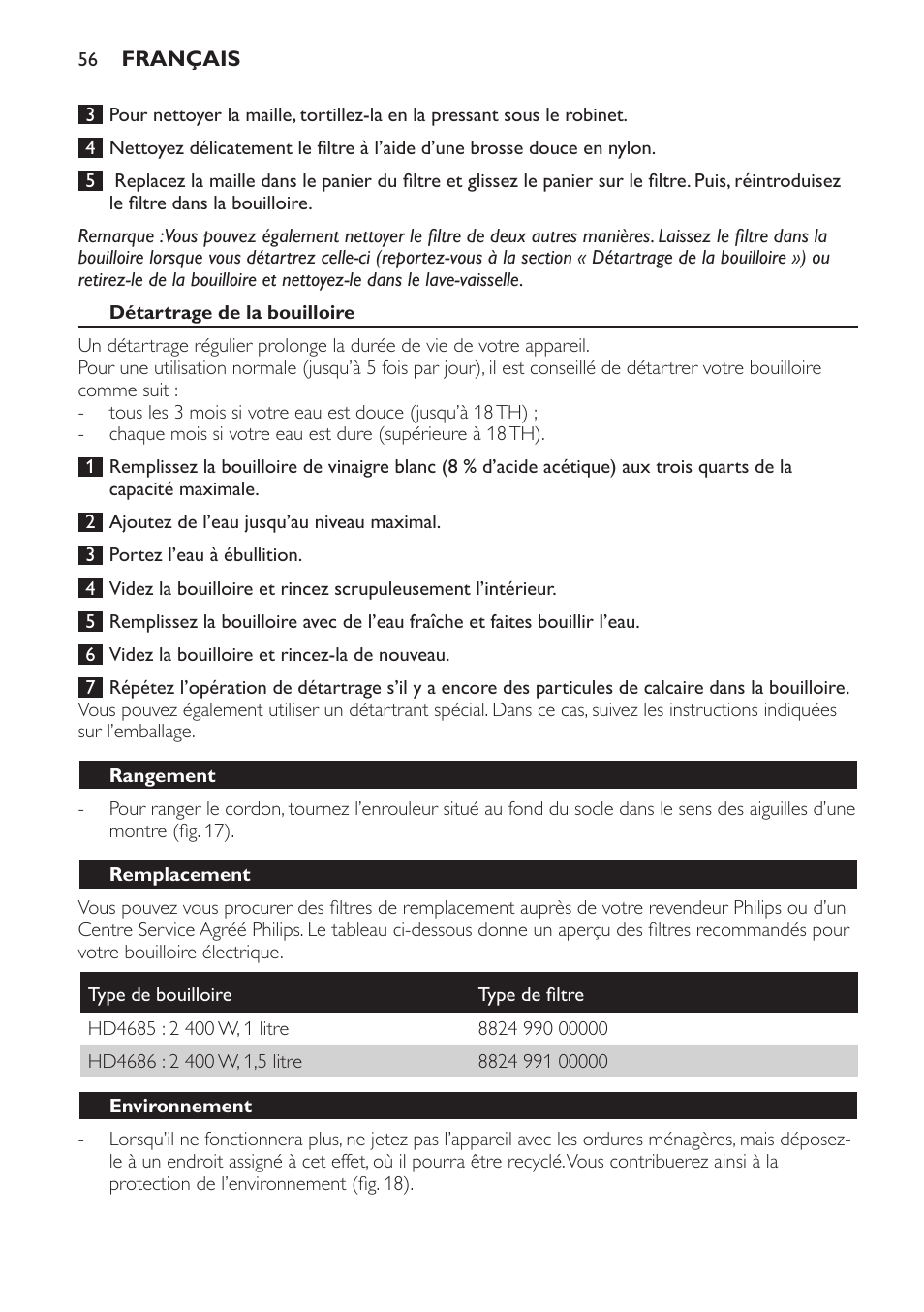 Détartrage de la bouilloire, Rangement, Remplacement | Environnement | Philips HD4686 User Manual | Page 56 / 108