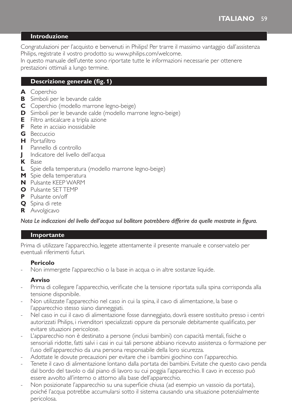 Pericolo, Avviso, Italiano | Introduzione, Descrizione generale (fig. 1), Importante | Philips HD4686 User Manual | Page 59 / 108