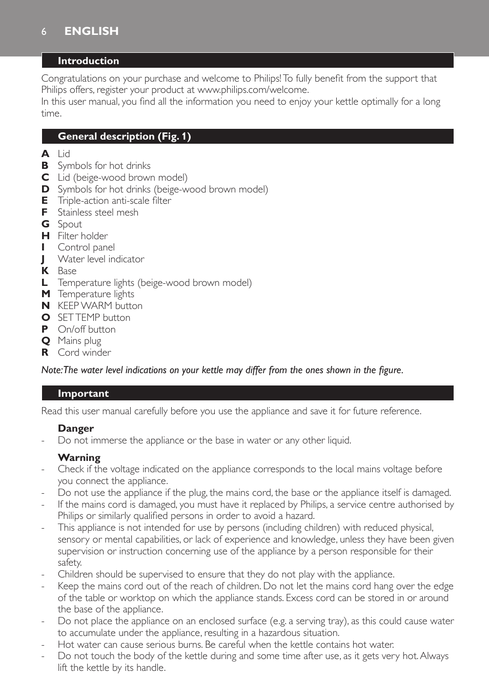 English, Introduction, General description (fig. 1) | Important, Danger, Warning | Philips HD4686 User Manual | Page 6 / 108