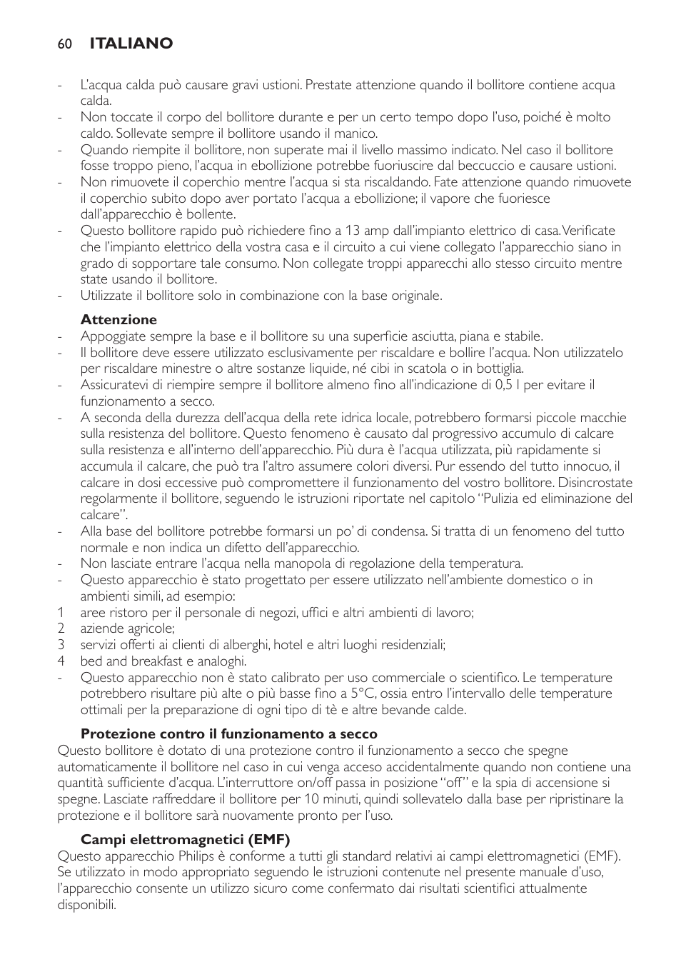 Attenzione, Protezione contro il funzionamento a secco, Campi elettromagnetici (emf) | Philips HD4686 User Manual | Page 60 / 108